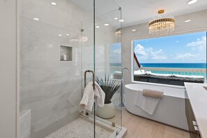 Shower, hair dryer, bidet, towels