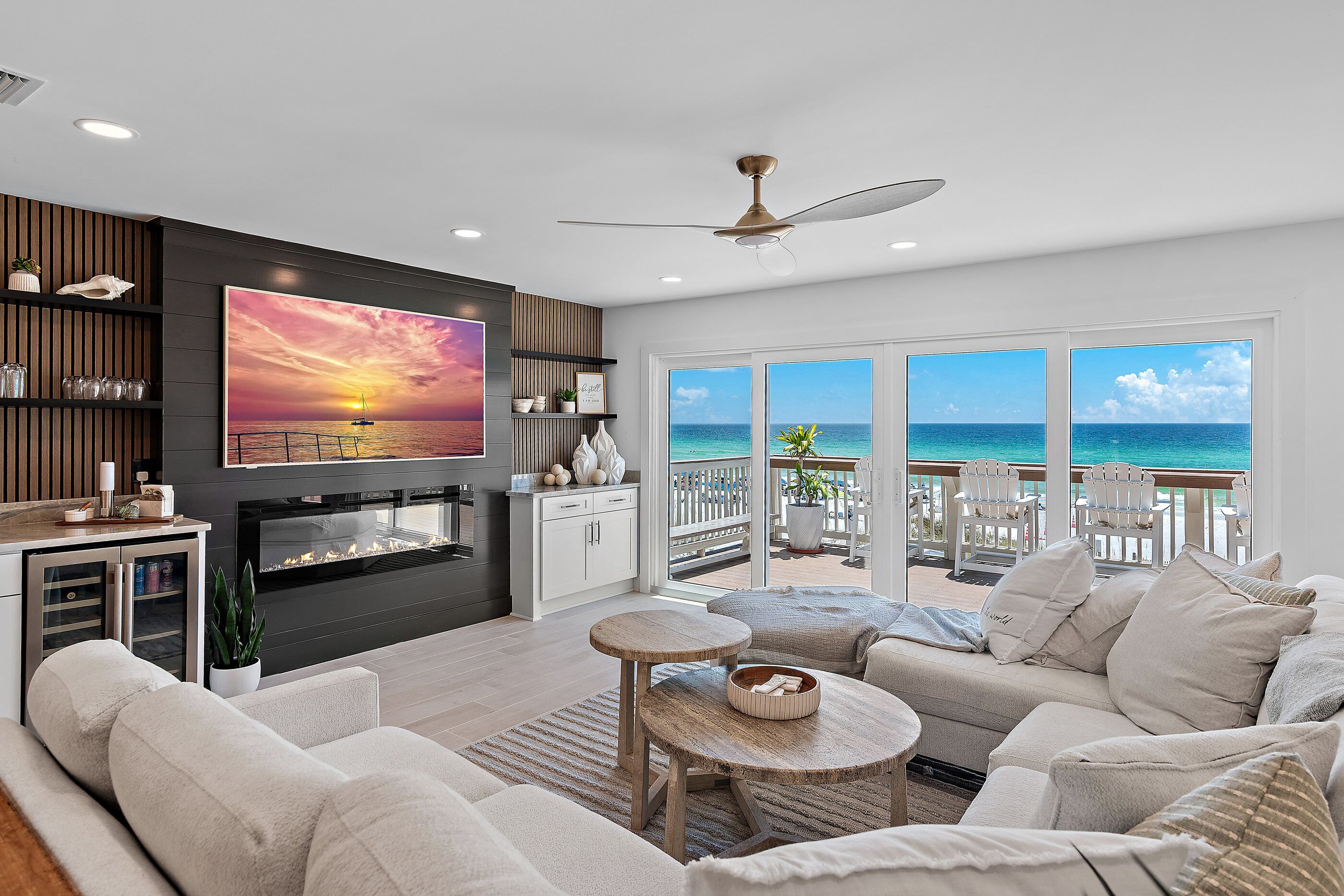 Smart TV, fireplace, video games, DVD player