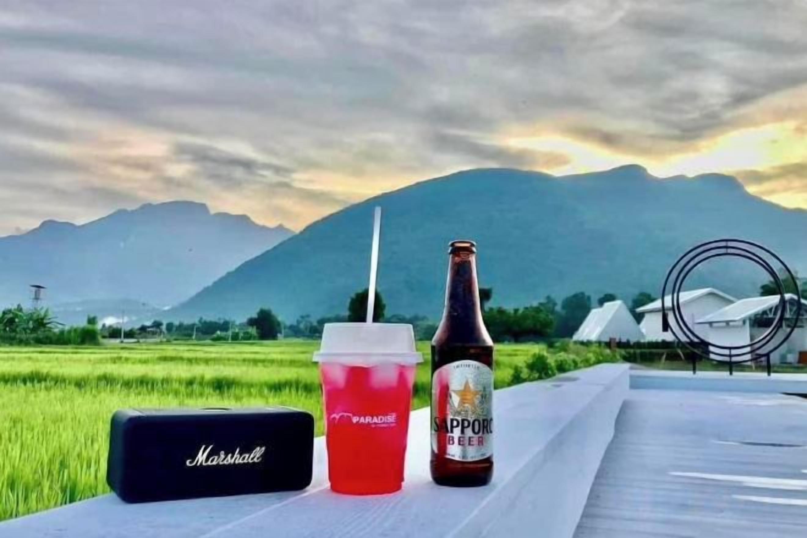 A bottle of beer, a drink cup, and a Marshall-branded case on a table with a mountainous landscape in the background.