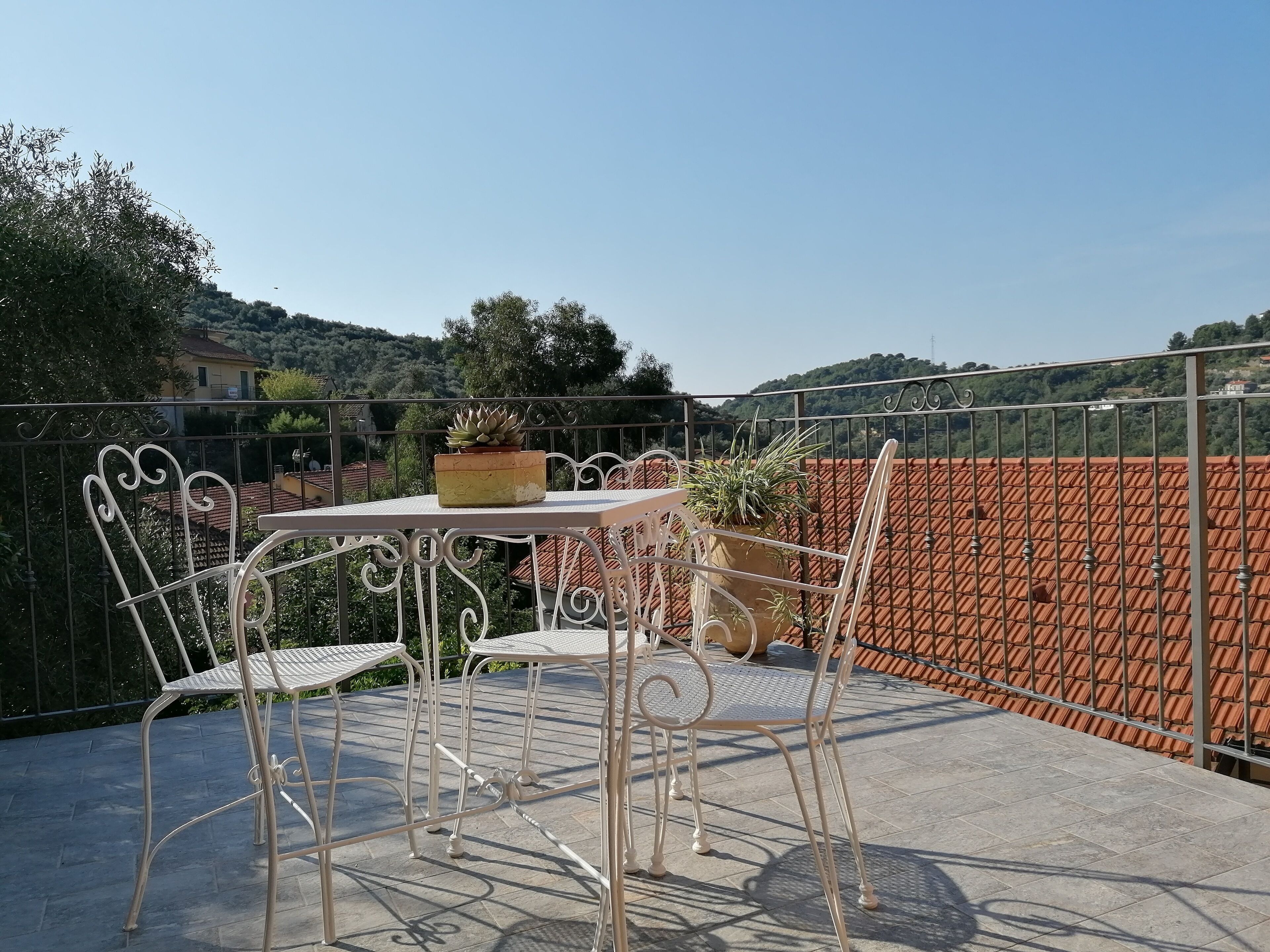 Um terraço com mesa e cadeiras, um vaso de planta e vista para uma colina.