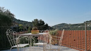 A terrace with a table and chairs, a potted plant, and a view of a hillside. - Casa Luisa - Surrounded by greenery, just steps from the sea (Borganzo)