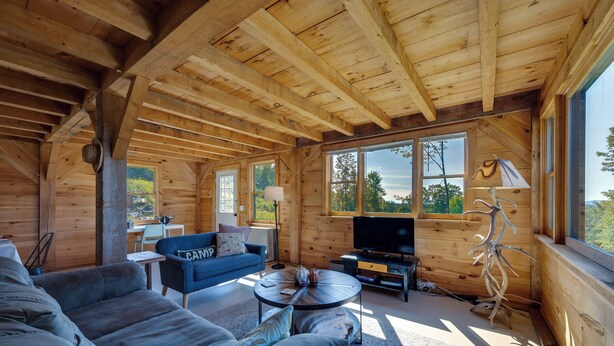 A cozy wooden cabin interior with a sofa, TV, and a lamp. - Unplug, Unwind & Explore: Remote Vermont Cabin (Sharon)