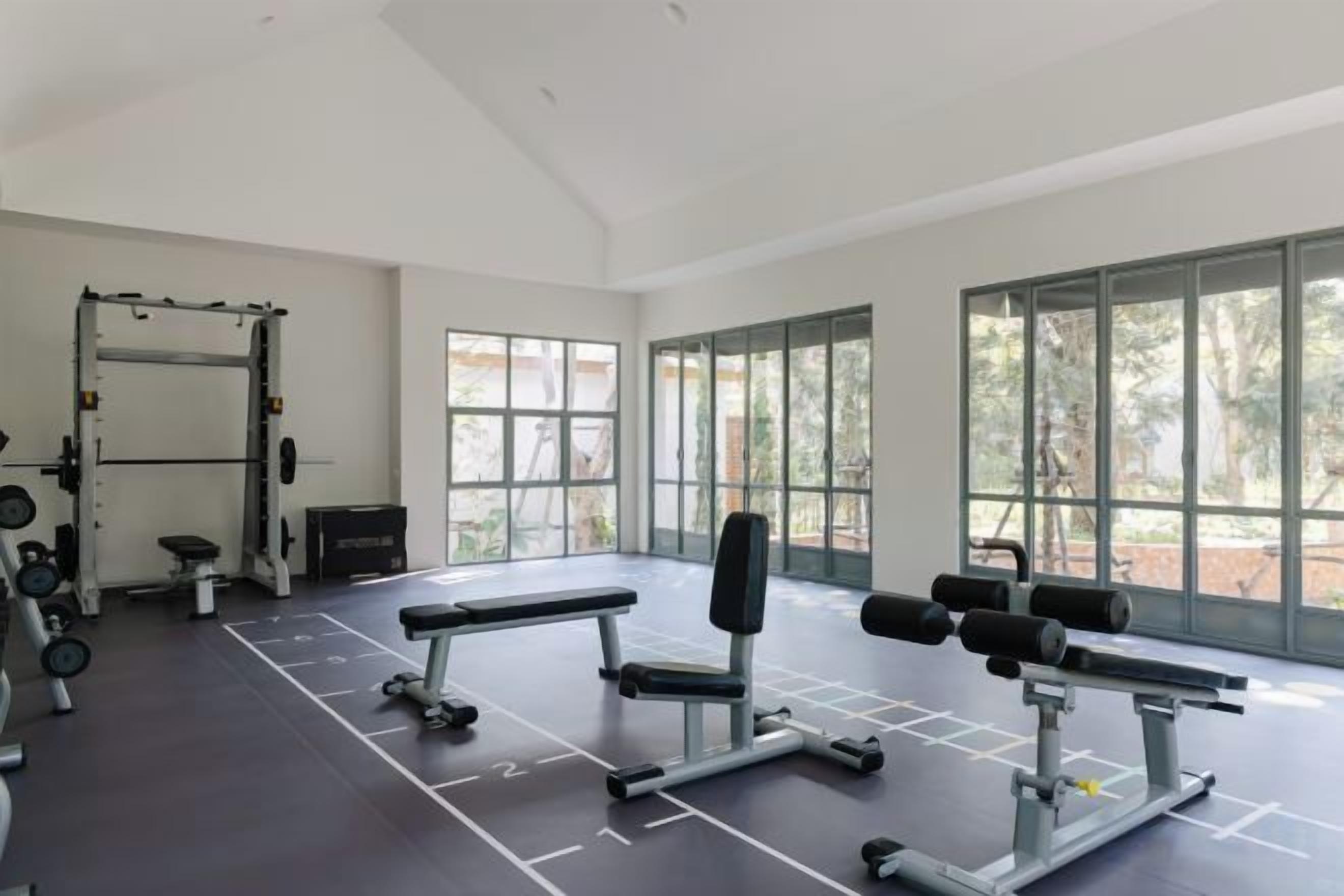 A gym with weightlifting equipment, large windows, and a high ceiling.