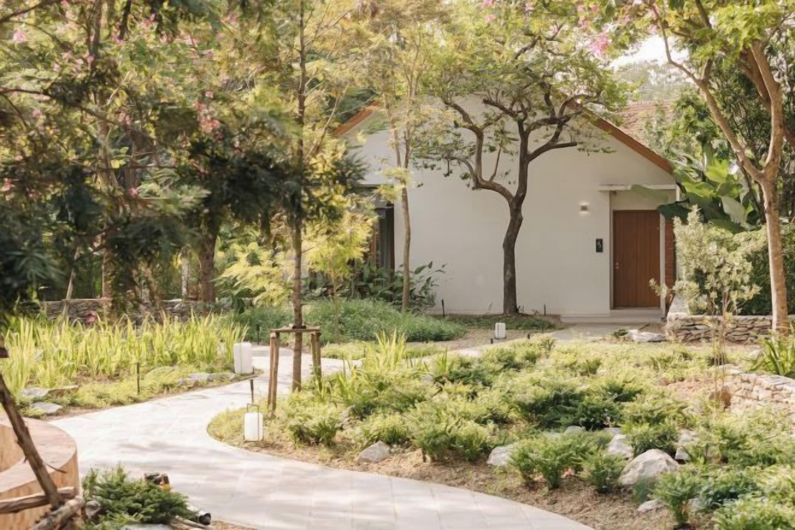 Un sendero que lleva a un edificio con una puerta, rodeado de follaje y árboles.