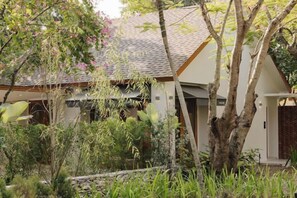 A building with a tiled roof, surrounded by dense vegetation and a stone pathway. - ดาวนับพัน Baan Phandao (Mae Rim)