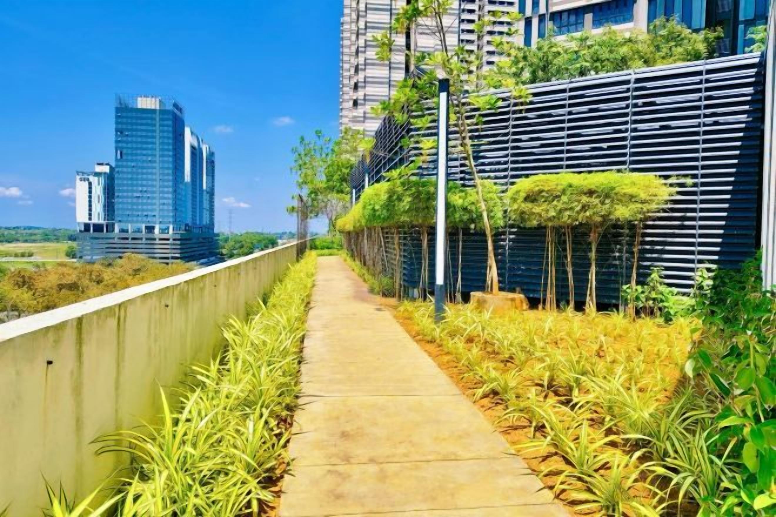 A concrete pathway flanked by greenery and modern buildings.