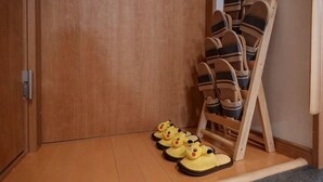 Une pièce avec une porte en bois, un porte-chaussures rempli de chaussures et un tapis sur le sol.