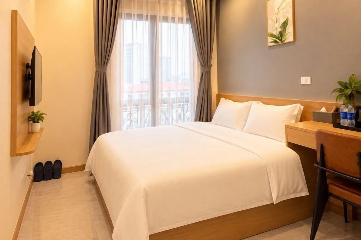 A hotel room with a bed, a desk, a chair, a TV, a plant, and a window with curtains.