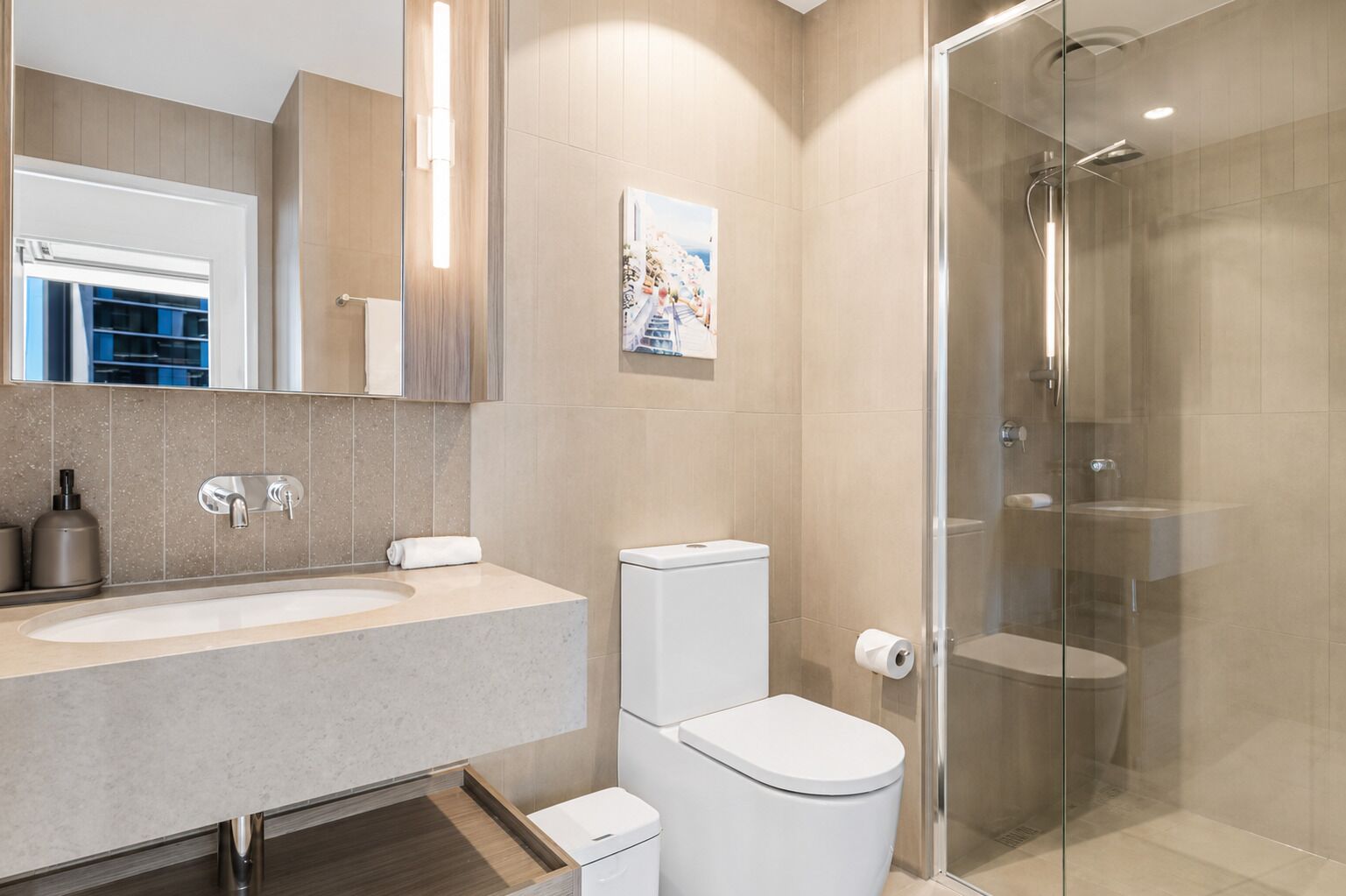 Shower, hair dryer, bidet, towels