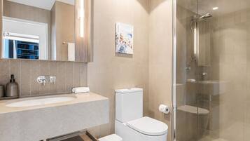 Shower, hair dryer, bidet, towels