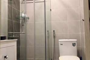 A bathroom with a glass shower enclosure, a toilet, and a glass shelf.