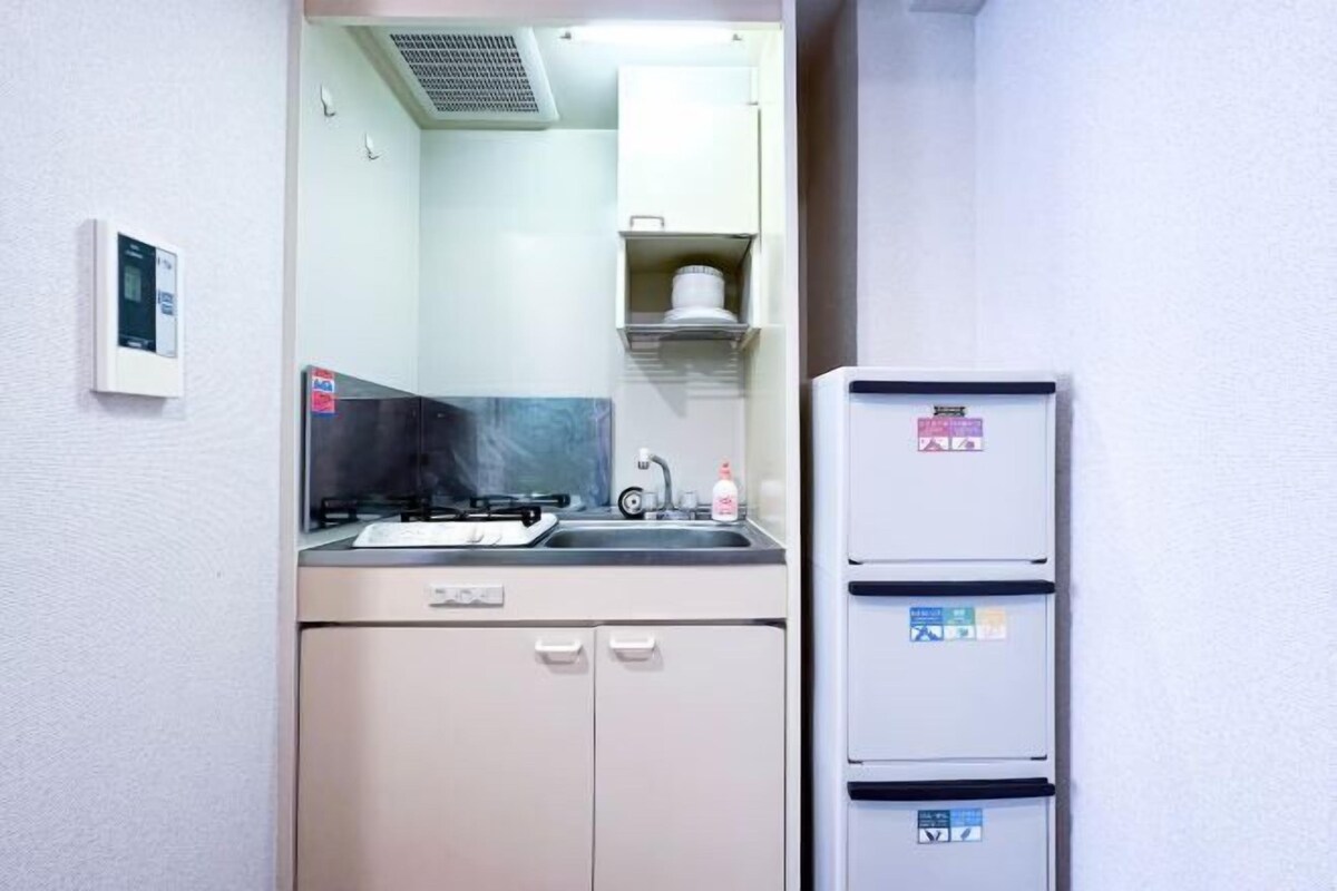 Una kitchenette compacta con estufa, fregadero y un refrigerador pequeño.