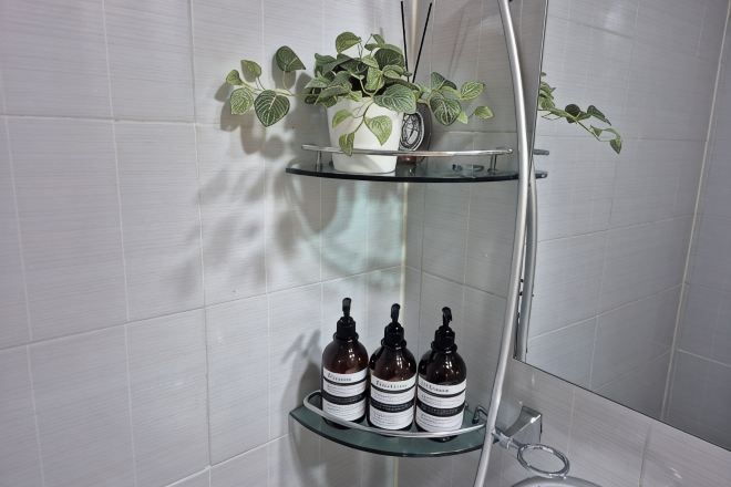 Un baño con repisas de vidrio que sostienen una planta en maceta y tres botellas.