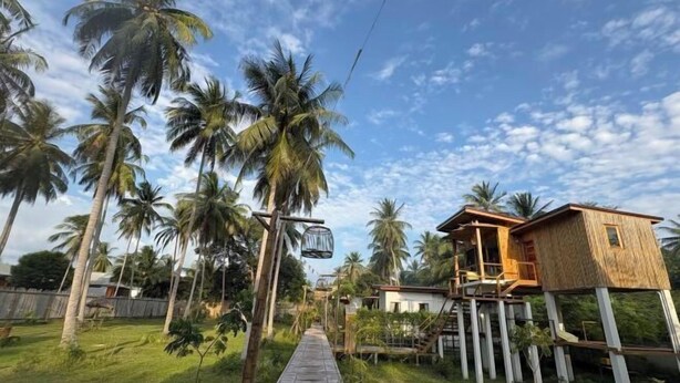 A wooden pathway leading to a house elevated on stilts with a balcony, surrounded by palm trees and a clear sky.