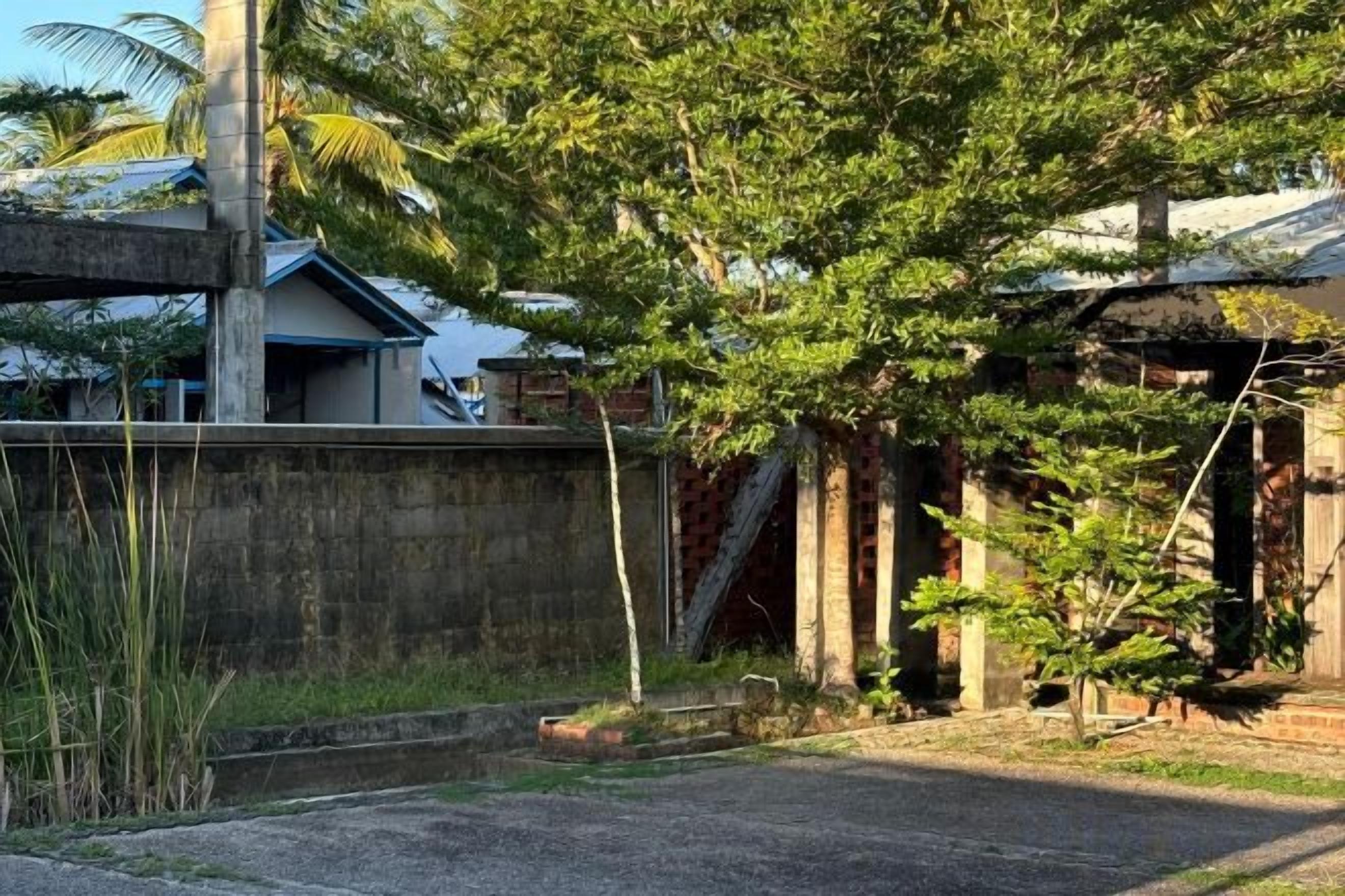 A residential area with a concrete wall, a tree, and a building with a sloped roof.