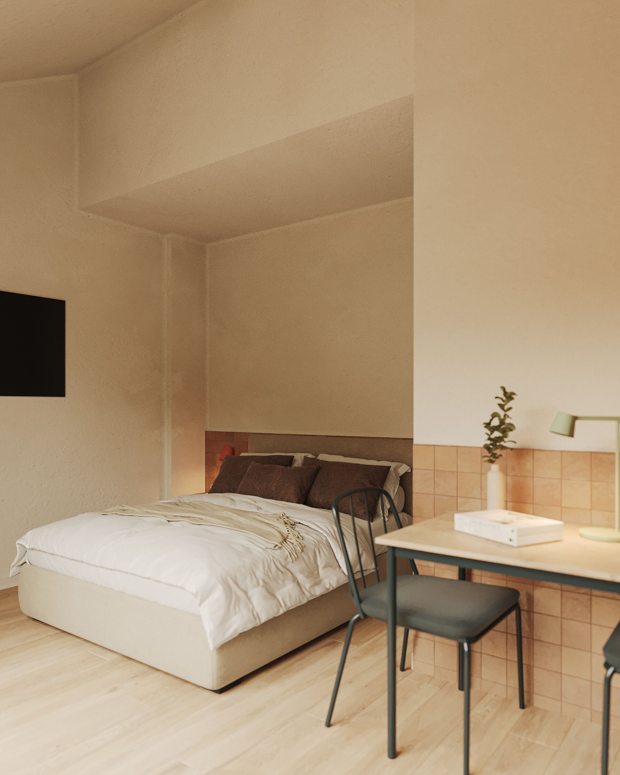 Rom – basic, 1 dobbeltseng | Safe på rommet, skrivebord og skrivebord for bærbar PC