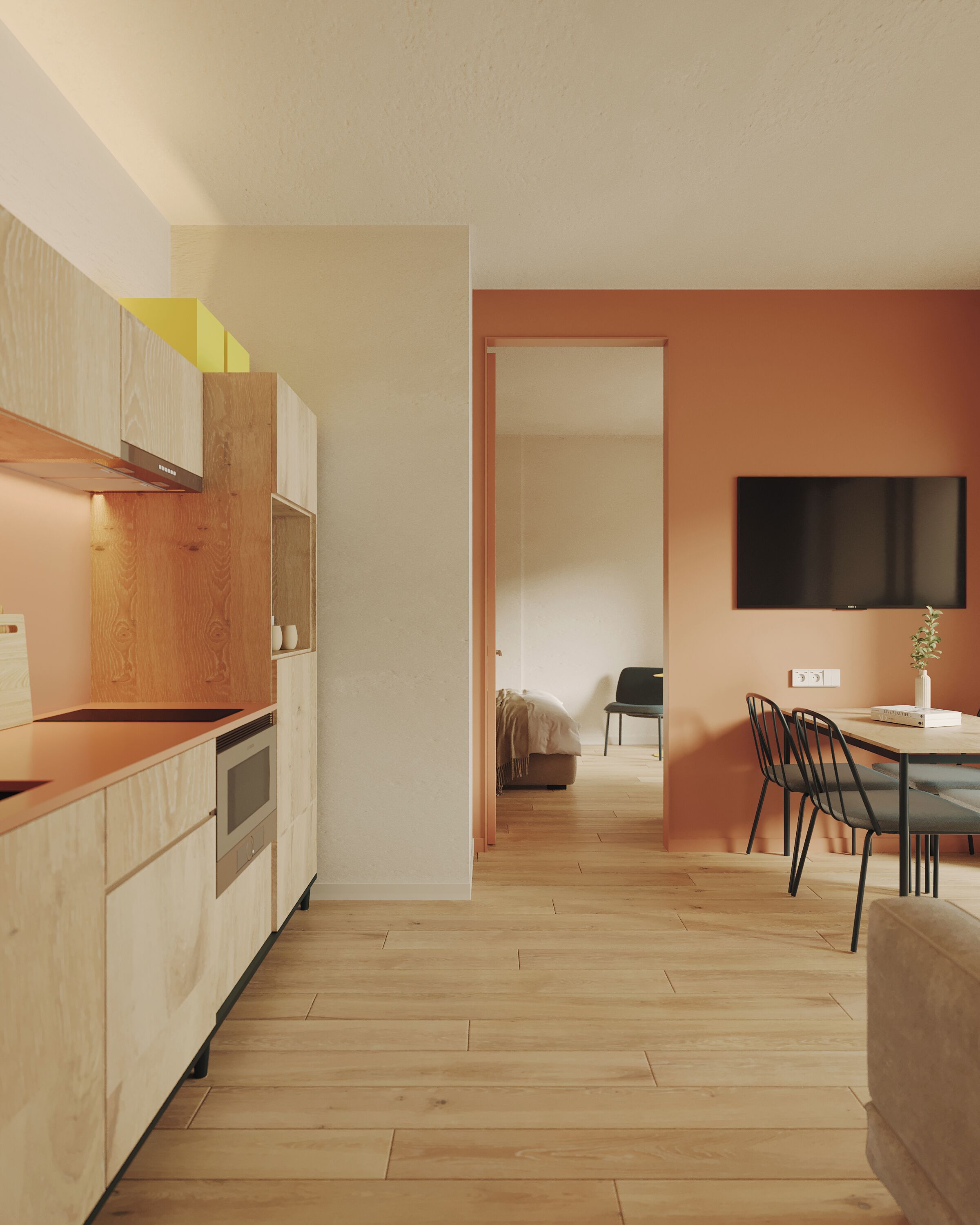 A modern kitchen with wooden cabinets, a dining area with a table and chairs, and a TV mounted on the wall.
