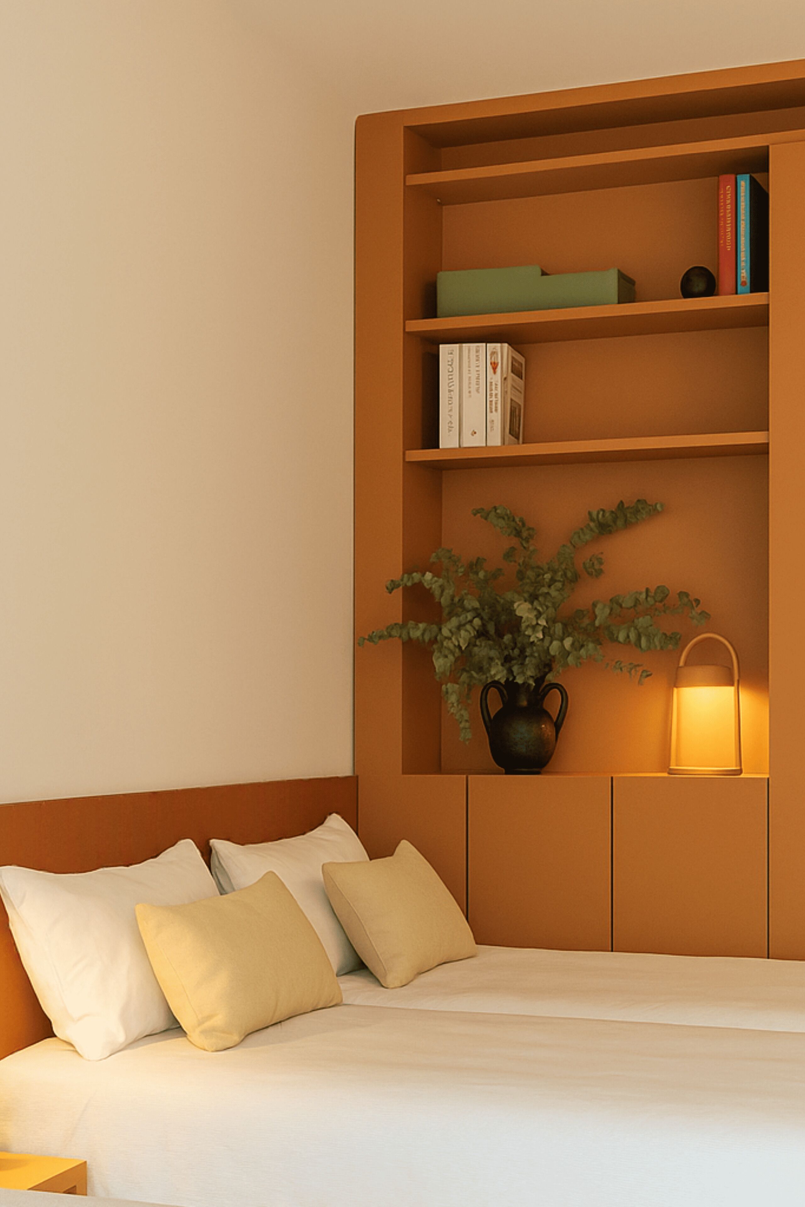 A bedroom with a bed, pillows, a bookshelf, a vase with plants, and a bedside lamp.