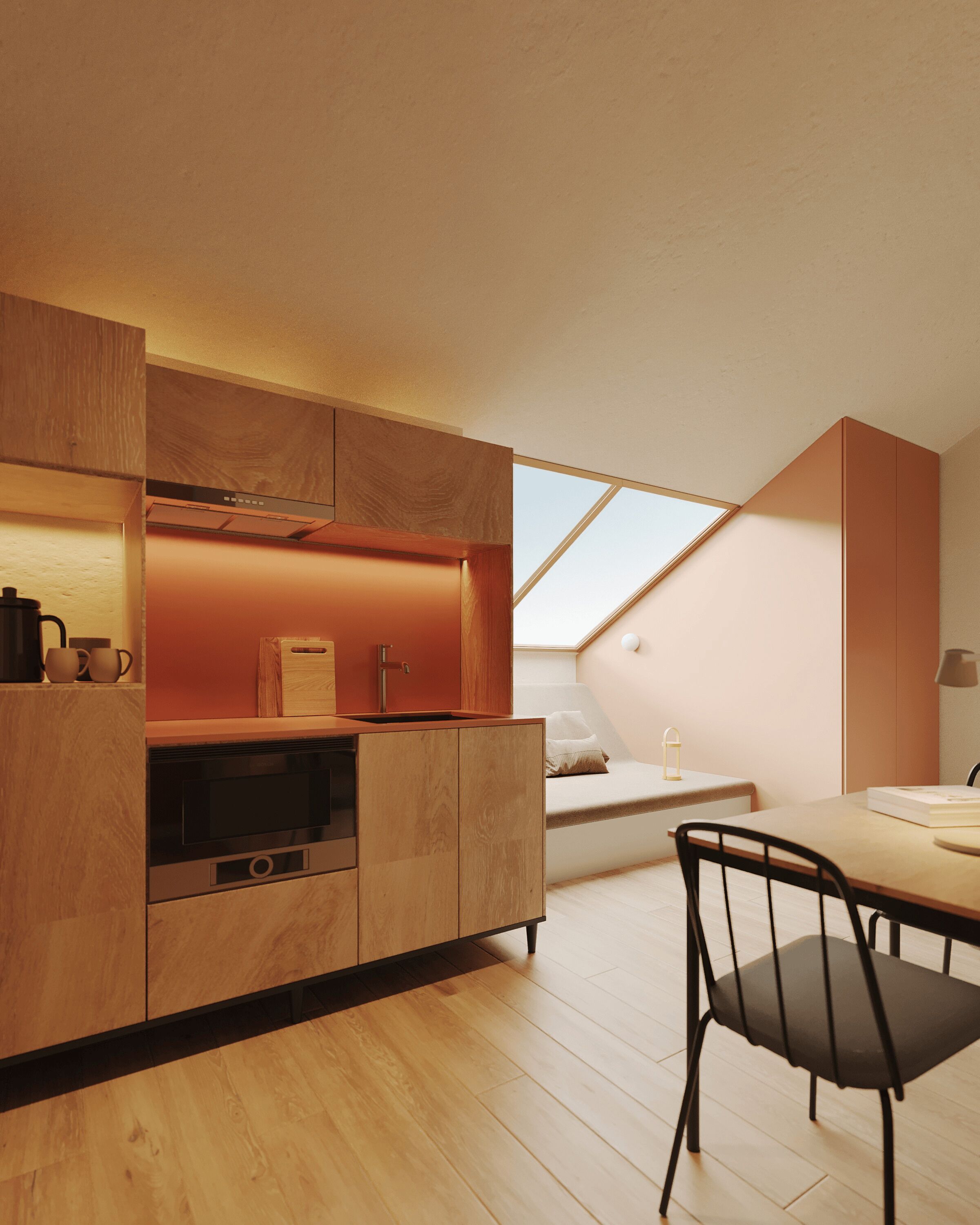 Une cuisine moderne avec des meubles en bois, un four encastré et une lucarne.