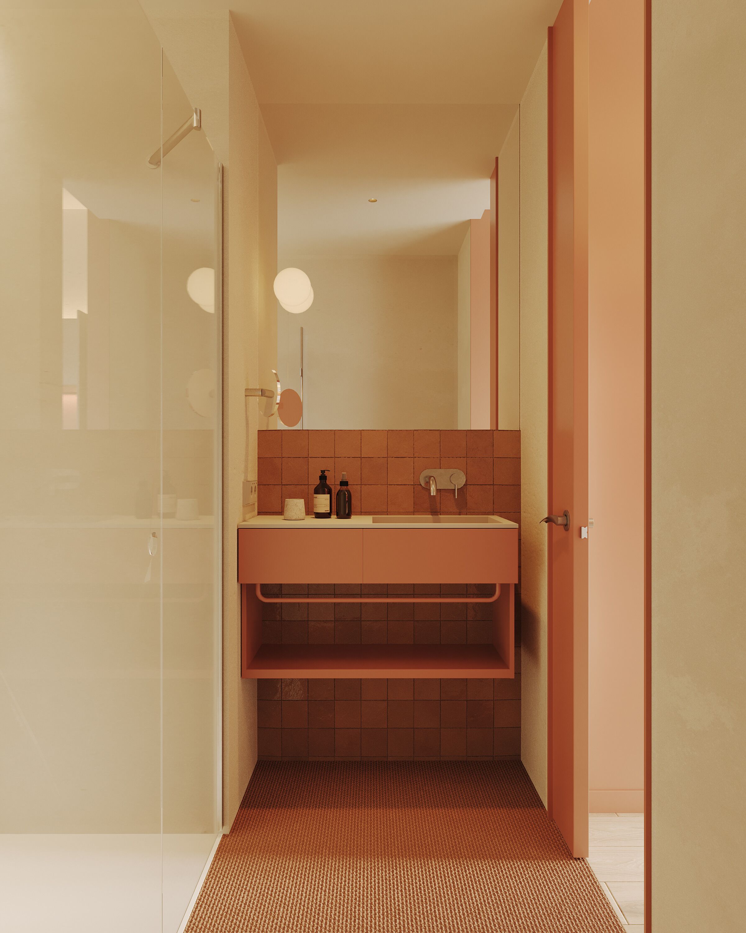 Een moderne badkamer met een douchecabine van glas, een wastafel met spiegel en een handdoekrek.