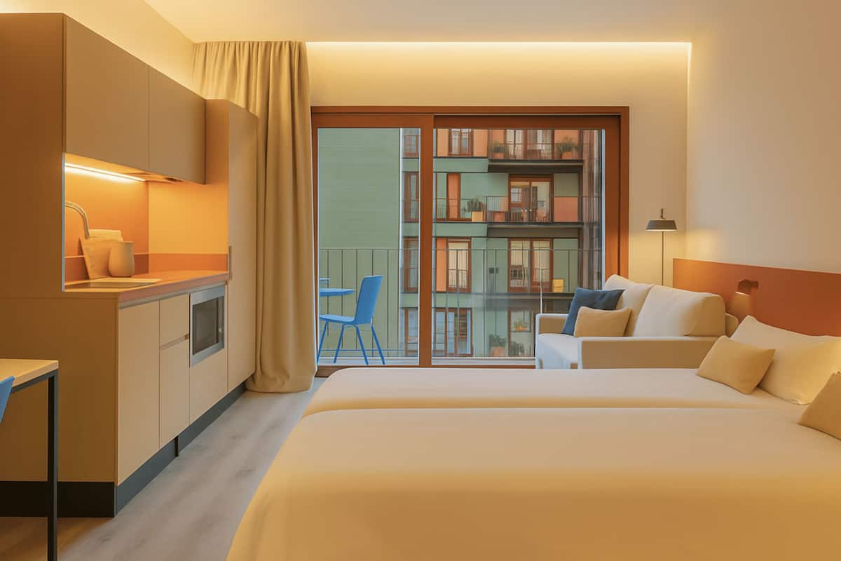 Estudi Comfort, 2 llits individuals, balcó, vistes a la ciutat | Caixa forta a l'habitació i escriptori