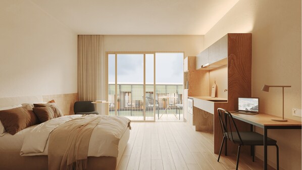 Deluxe-rum - balkong - utsikt mot staden | Värdeförvaringsskåp på rummet, skrivbord och arbetsyta för laptop