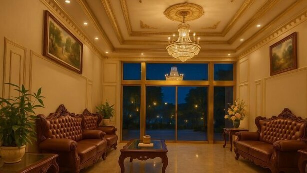 A spacious room with a large window, a chandelier, and leather sofas. - XIAN HOTEL (The Grand Hotel) (Bac Ninh)