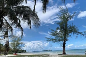 Una playa con palmeras, cielo despejado y vista al océano.
