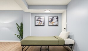 Une chambre avec un lit simple, une couvre-lit verte, deux tableaux abstraits accrochés au mur, une plante en pot et un plancher en bois.