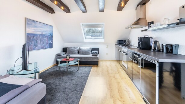 Een modern appartement met een open keuken, een stadsgezicht en een gezellige zithoek.