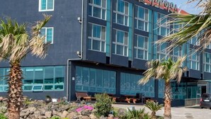 A modern building with large windows, a stone facade, and palm trees in the foreground.