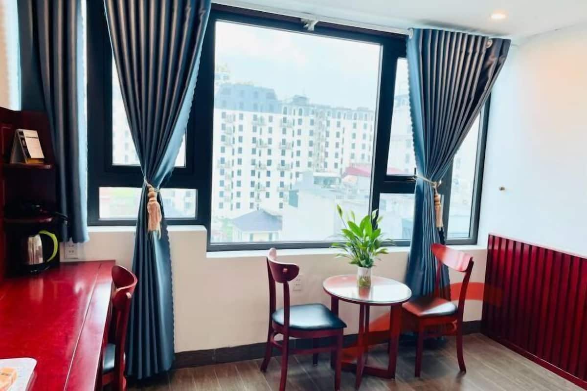 A room with a large window, two chairs, a small table, and a potted plant.
