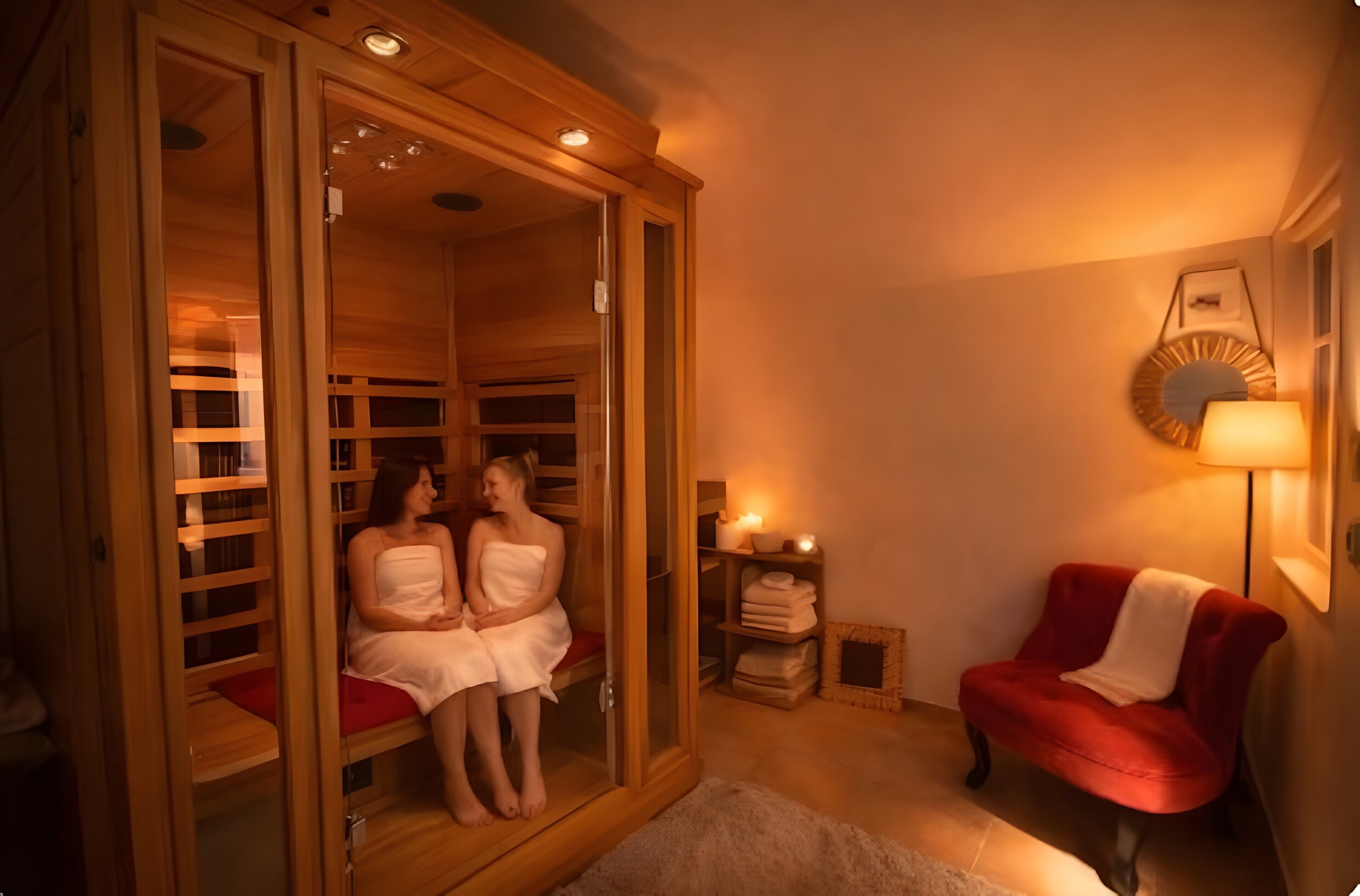 A room with a sauna, a red chair, and a wall-mounted lamp.