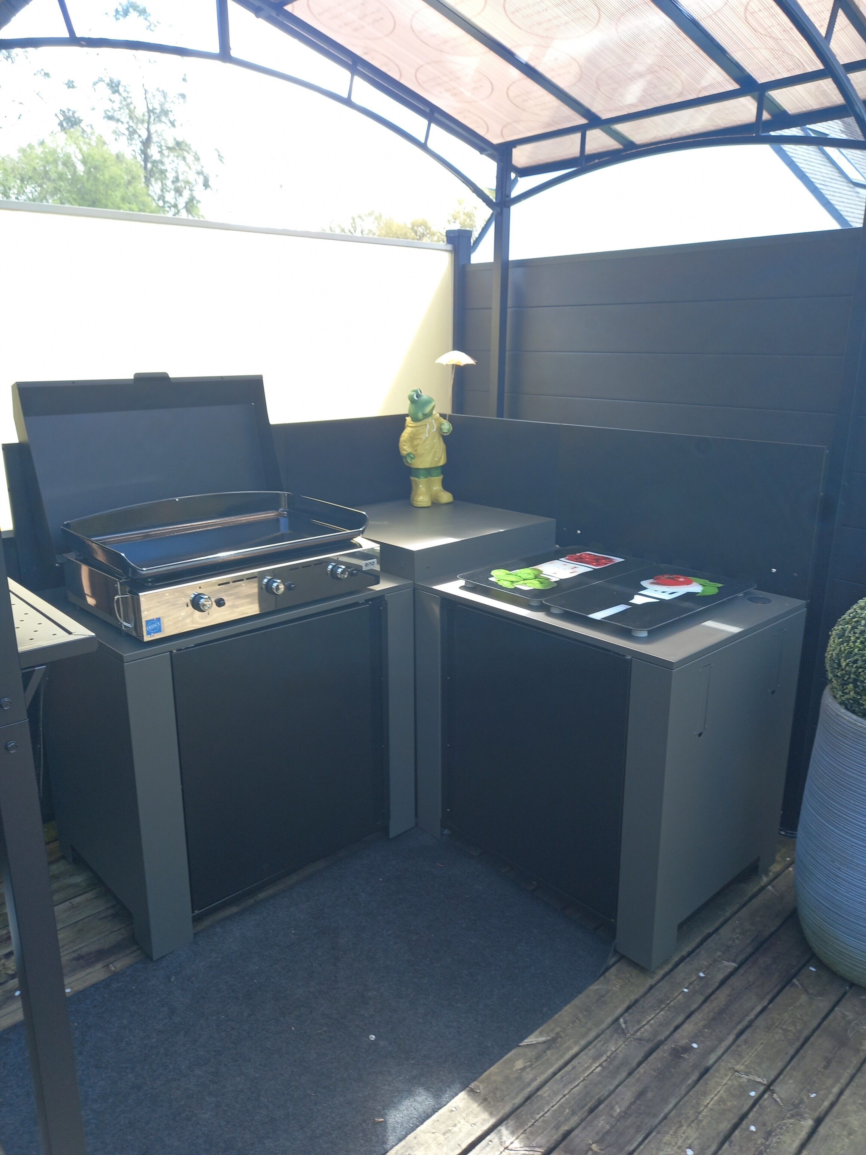 Ein Grillplatz im Freien mit Gasherd, einem kleinen Tisch mit Gewürzen und einer dekorativen Froschstatue.