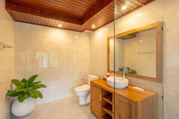 Une salle de bain moderne avec un meuble-lavabo en bois, un grand miroir et une plante en pot.