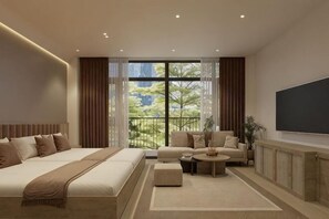 Ein modernes Hotelzimmer mit einem großen Bett, einer Couch, einem Couchtisch und einem Fernseher.