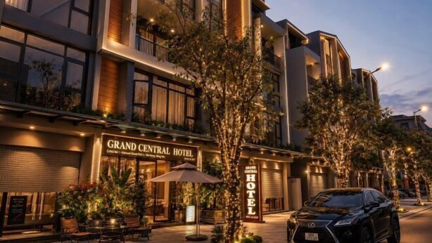 A hotel with a modern facade, outdoor seating, and a Mercedes-Benz parked in front. - Grand Central Hotel- Vinhomes Ocean Park 3 (Nghia Tru)