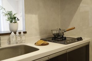 Une cuisine équipée d’une cuisinière, d’un évier et d’une plante en pot.