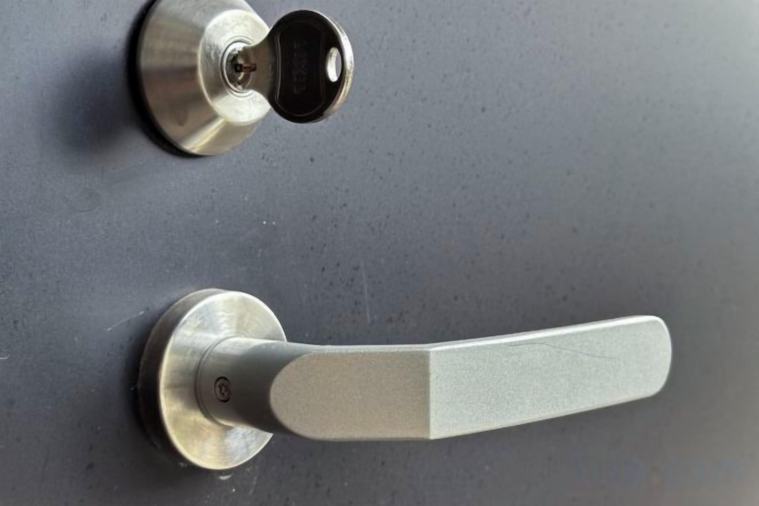 A door handle and lock mechanism.