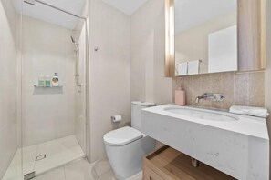 Shower, hair dryer, bidet, towels
