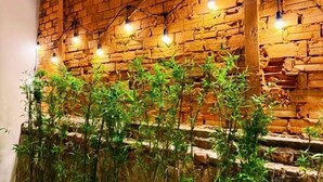A brick wall with string lights and green plants. - LYLAC Home Saigon TDX - City Center Cosy 4BR Townhouse with Garden in D1 (Ho Chi Minh City)
