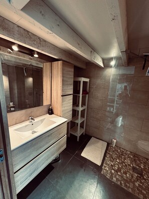 Shower, towels, soap, toilet paper