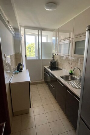 Een microgolfoven, een oven, een kookplaat, een vaatwasser