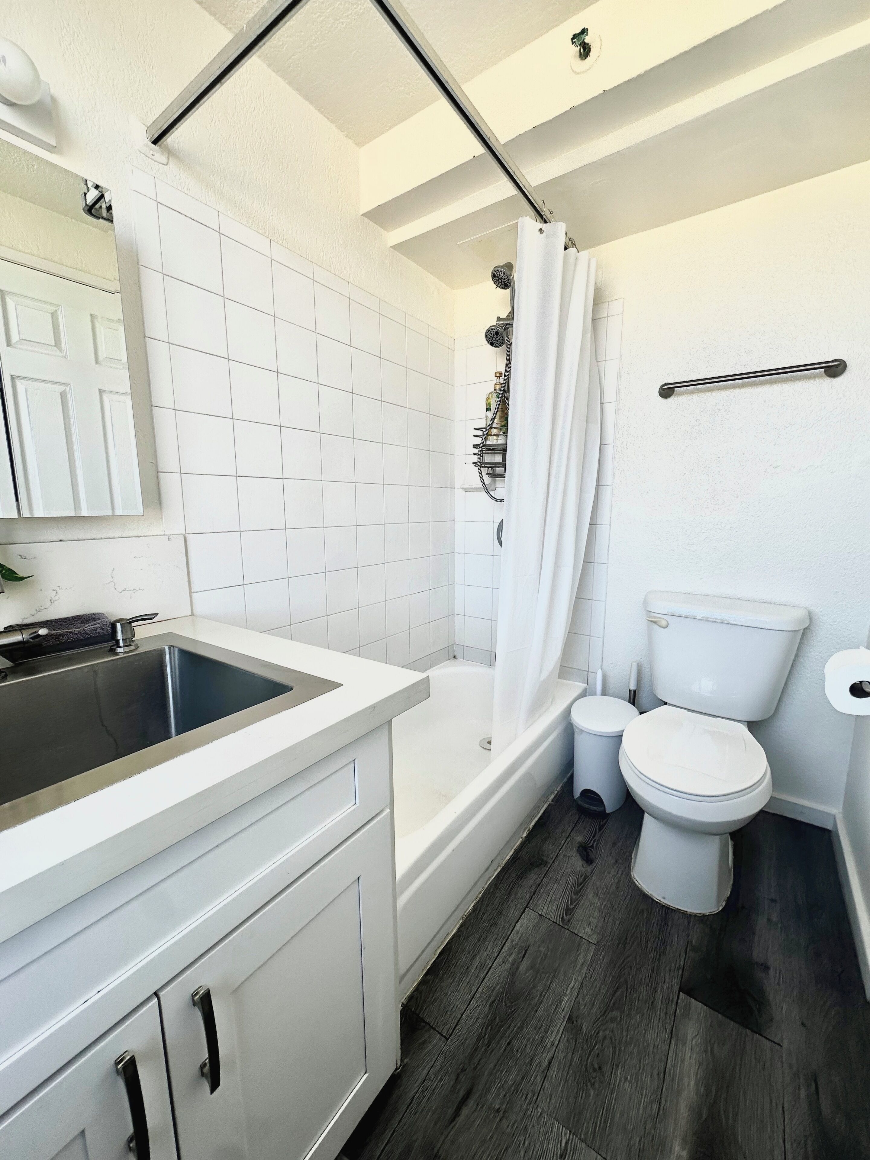 Hair dryer, towels, soap, toilet paper