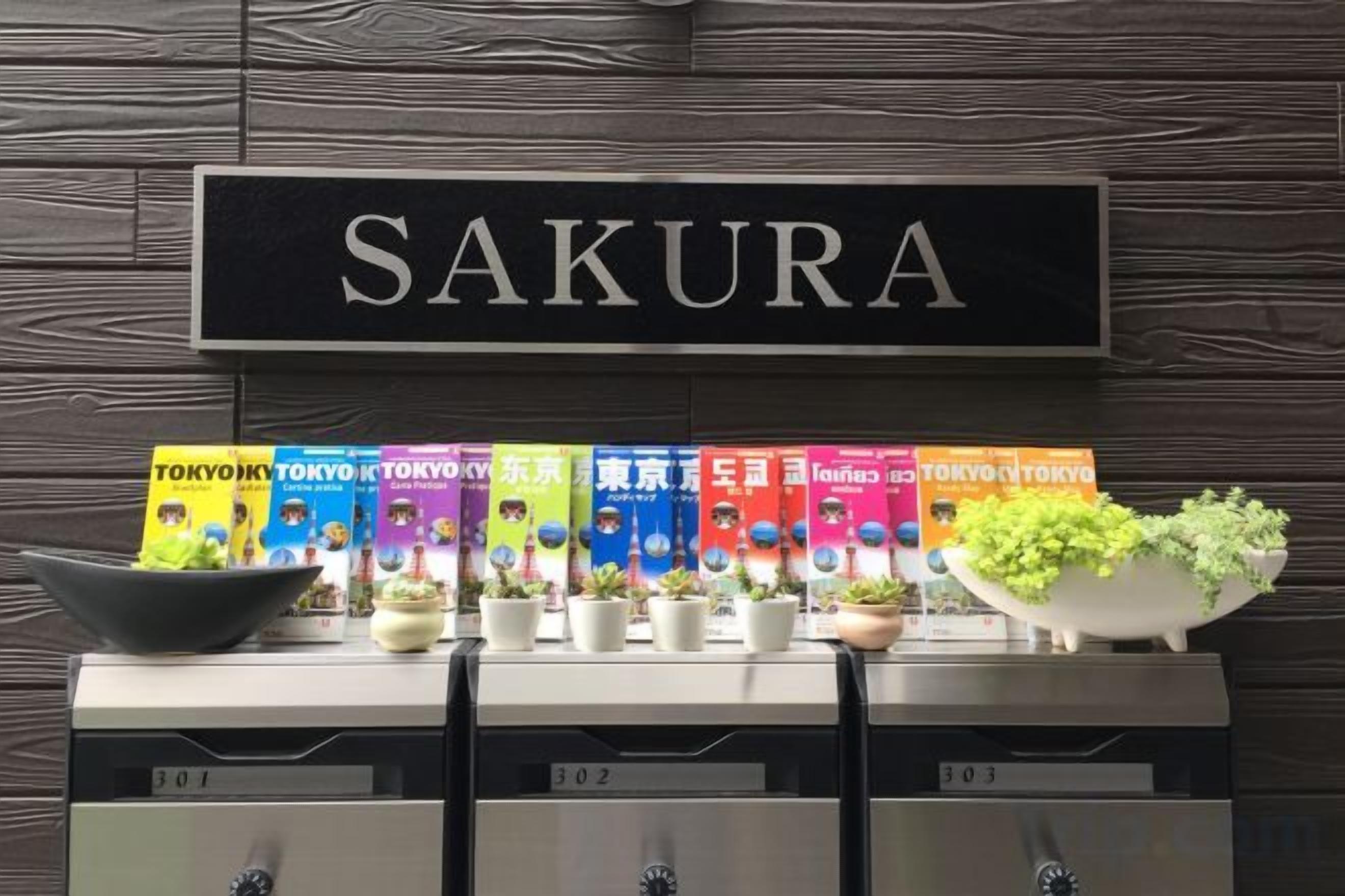 Un letrero con la palabra 'SAKURA' sobre una fila de libros y macetas.