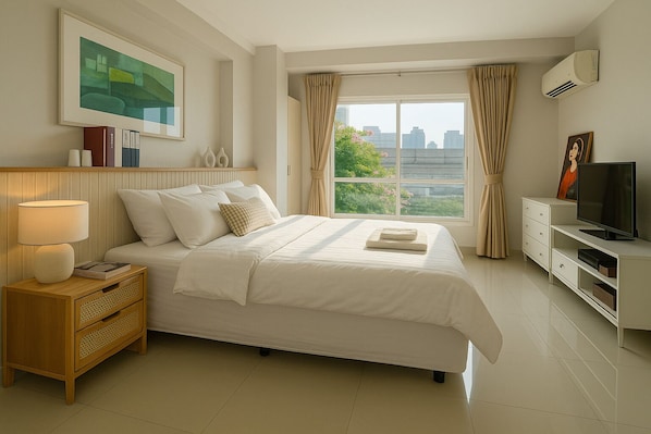 Tabla de planchar con plancha, wifi y ropa de cama