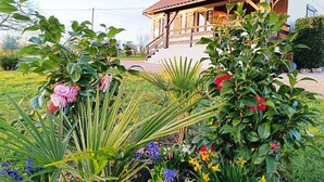 Une maison avec un toit en tuiles, entourée d’un jardin où poussent différentes plantes et fleurs.