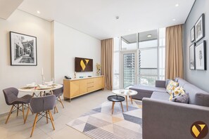 Luxury Apartment, Balcony, City View | Egyptian cotton sheets, premium bedding, in-room safe - Vogue | Novotel JVT near Springs Souk Mall (Dubai)