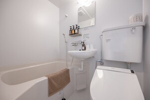Combined shower/tub, free toiletries, hair dryer, bidet