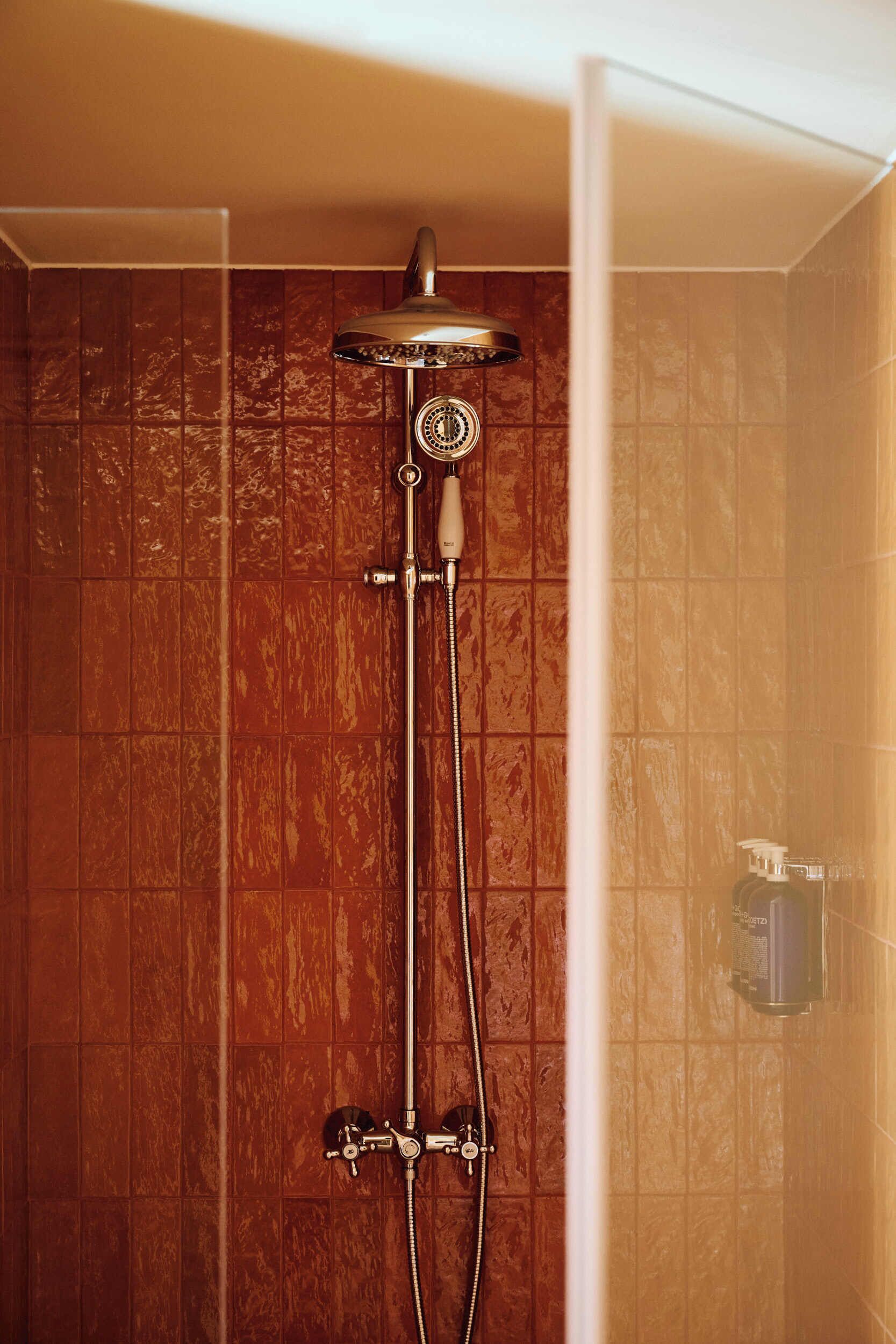 Ducha con cabezal de ducha de mano y panel de control en la pared.